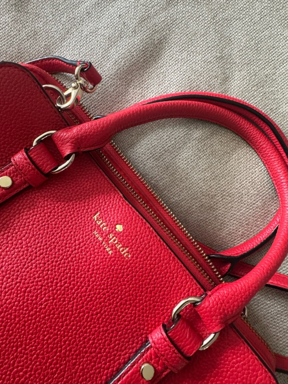 kate spade Red Pebbled Leather Satchel with Gold Accents